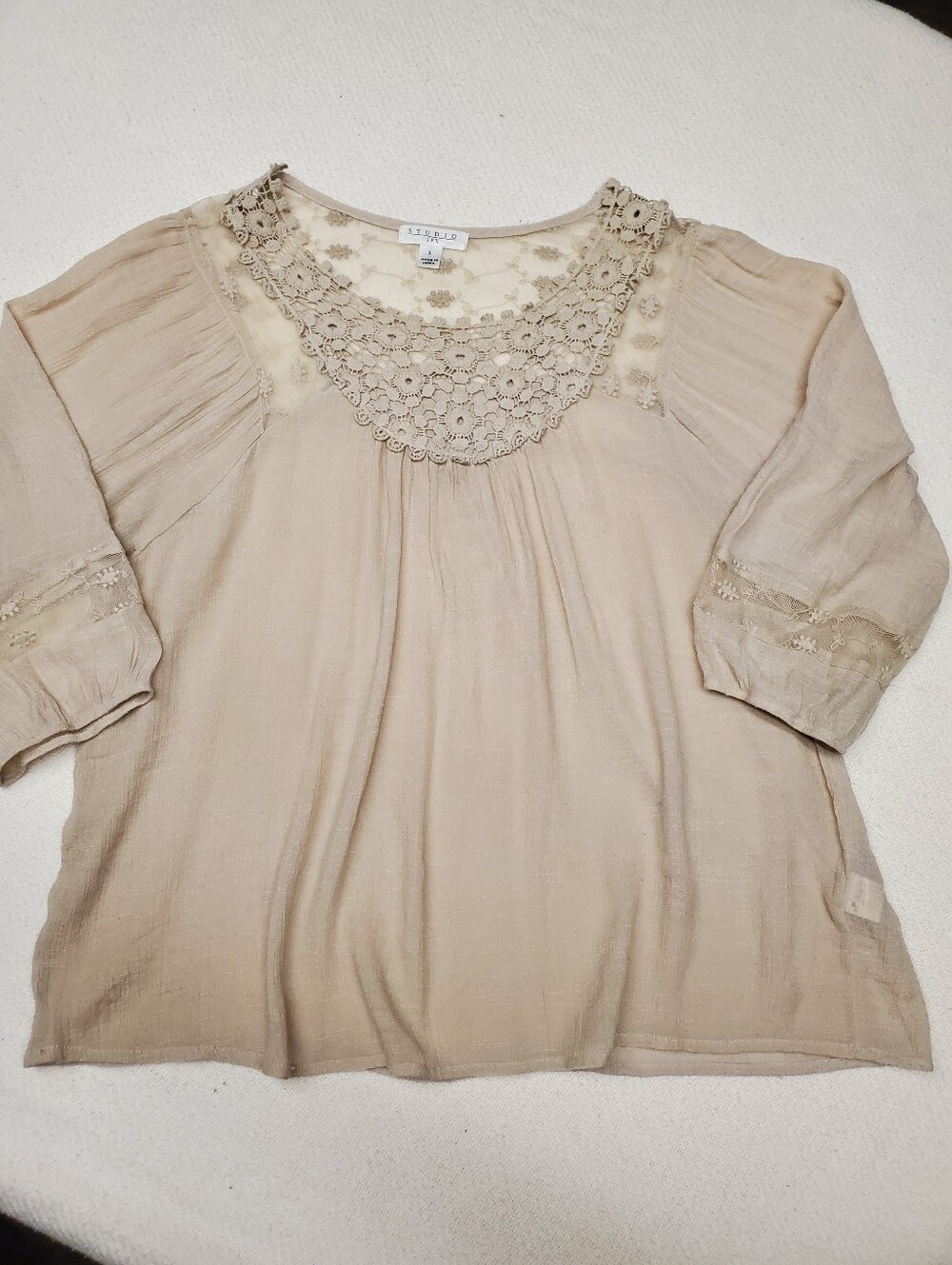 Studio JPR Beige Boho Top Crochet Lace Yoke 3/4 Sleeve Gauzy Size L Cottage
